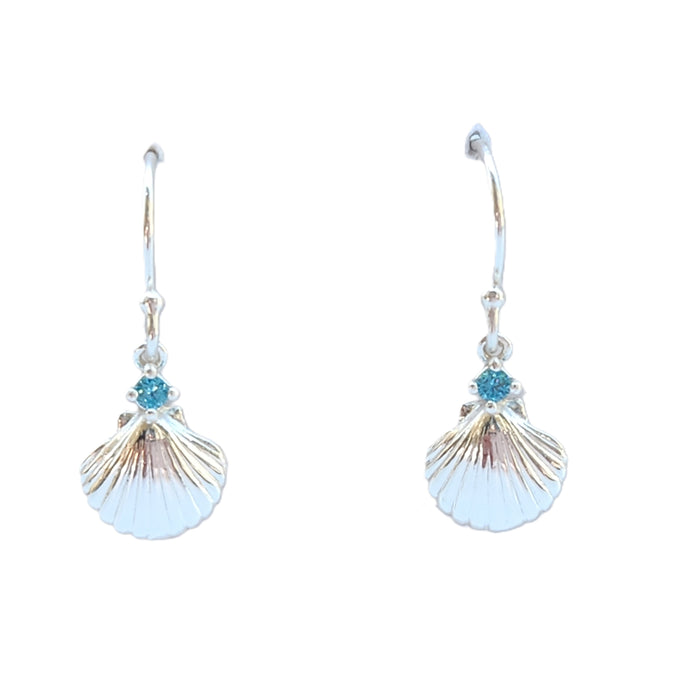 FINE HOOK STERLING SILVER SHELL & LIGHT SKY BLUE TOPAZ EARRINGS