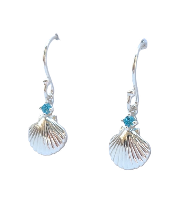FINE HOOK STERLING SILVER SHELL & LIGHT SKY BLUE TOPAZ EARRINGS