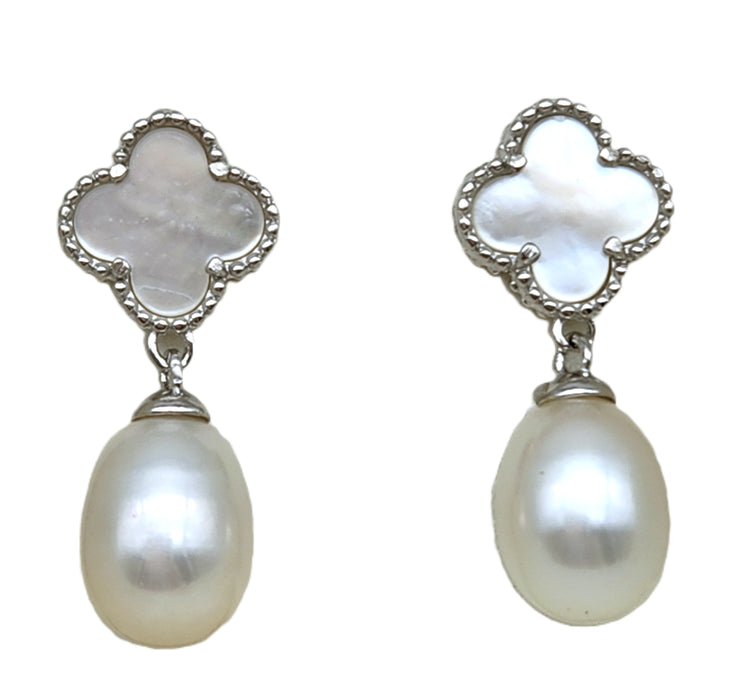 MOTHER OF PEARL CLOVER STUDS WITH FRESHWATER PEARL DROPS