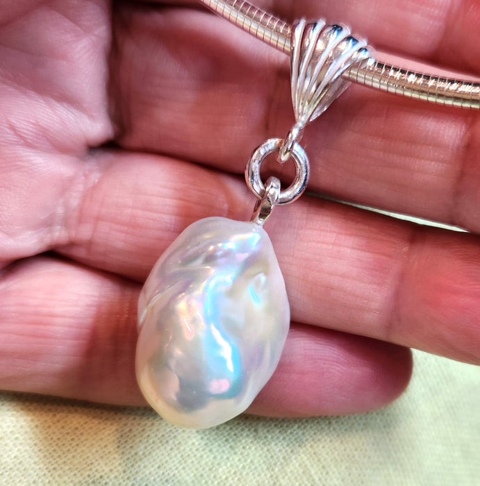 LARGE BAROQUE PEARL PENDANT WITH 3mm STERLING SILVER OMEGA WIRE