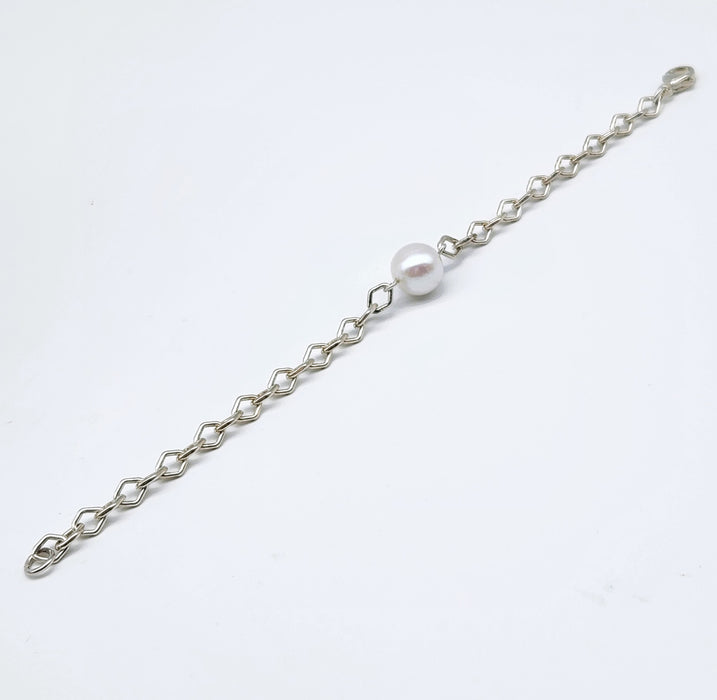 STERLING SILVER DIAMOND LINK WITH PEARL BRACELET
