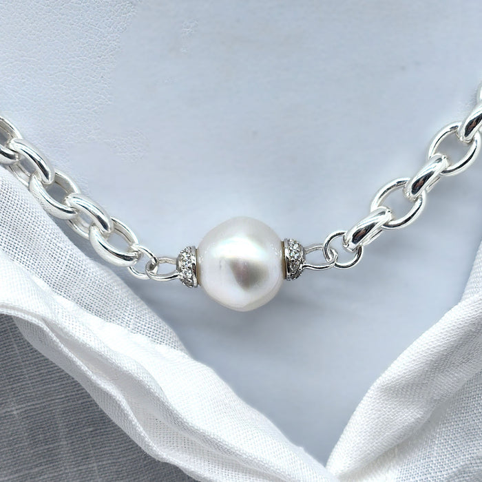 CHUNKY STERLING SILVER CHAIN NECKLACE WITH BROOME PEARL