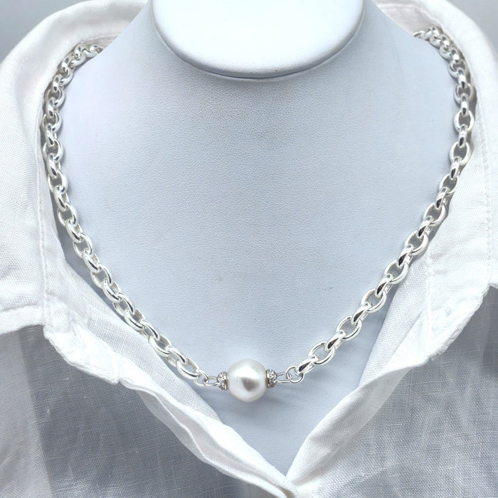 CHUNKY STERLING SILVER CHAIN NECKLACE WITH BROOME PEARL
