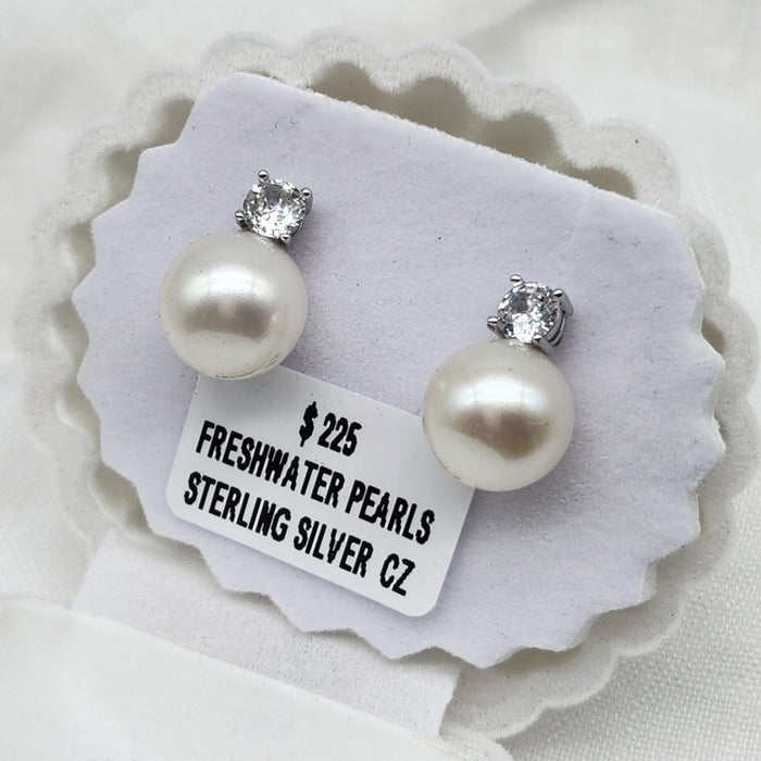 CUBIC ZIRCONIA STUDS WITH ROUND FRESHWATER PEARLS