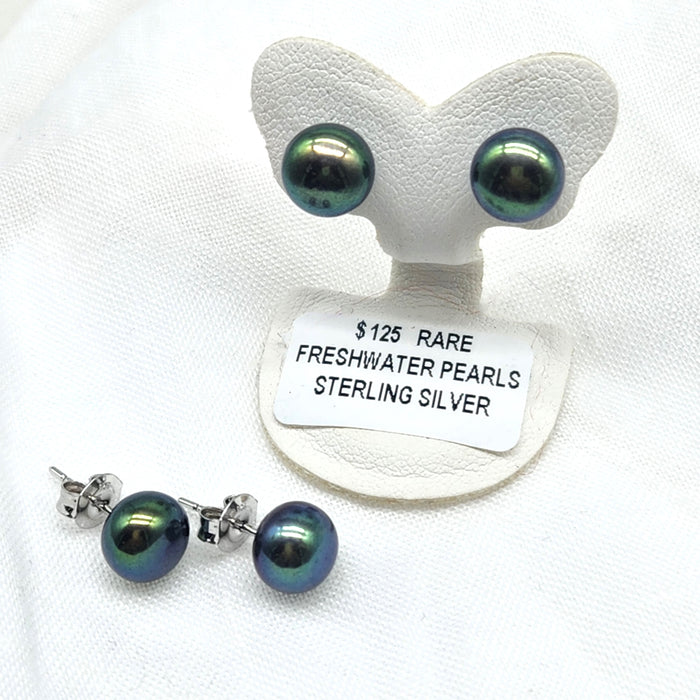 RARE 8mm DEEP GREEN PEARL STUD EARRINGS