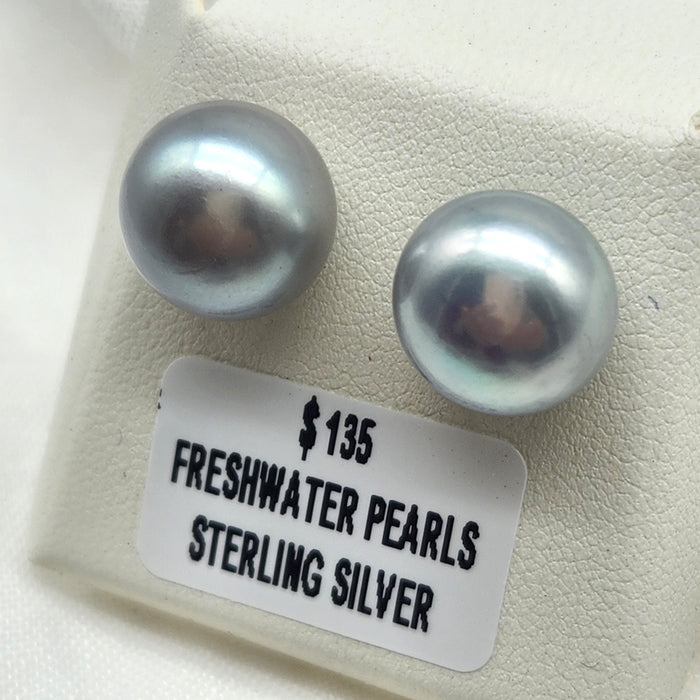 12.3mm SILVER GREY PEARL STUD EARRINGS