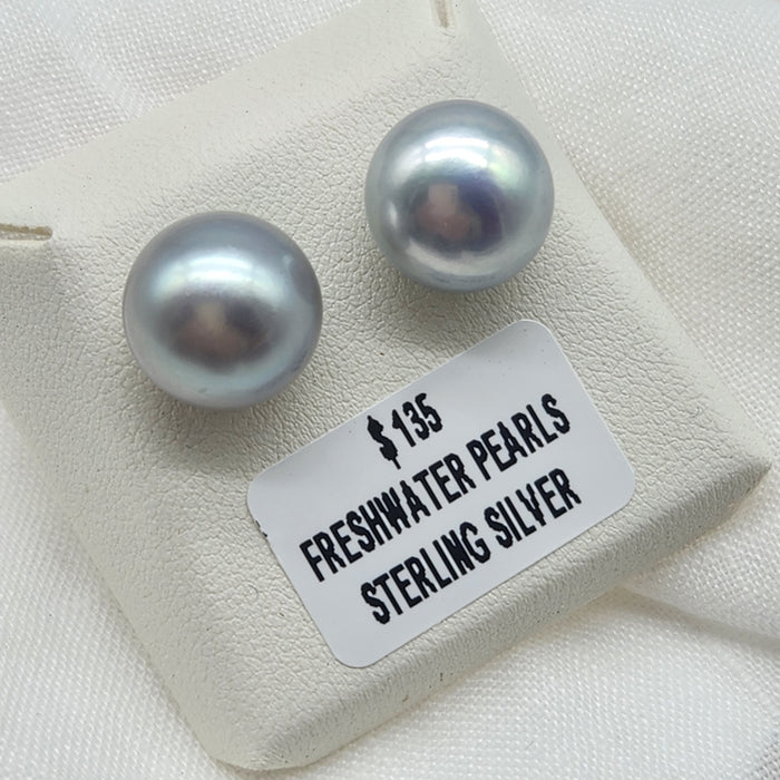 12.3mm SILVER GREY PEARL STUD EARRINGS