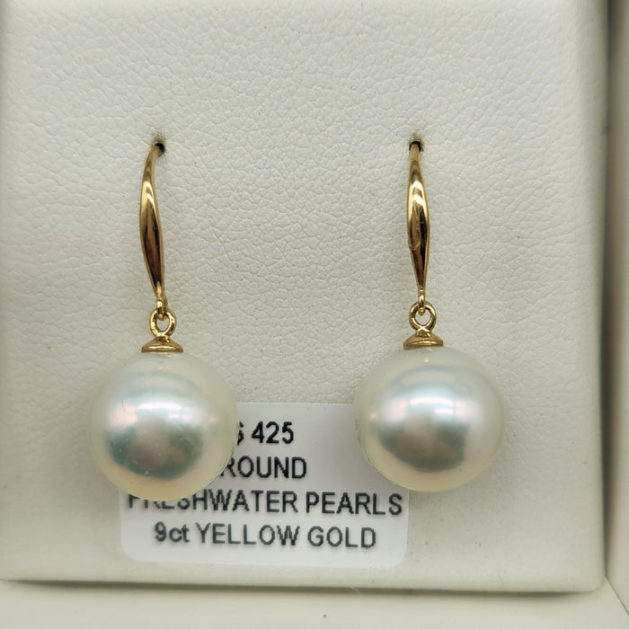 9ct YELLOW GOLD FRENCH HOOK EARRINGS, 11mm ROUND FRESHWATER PEARLS