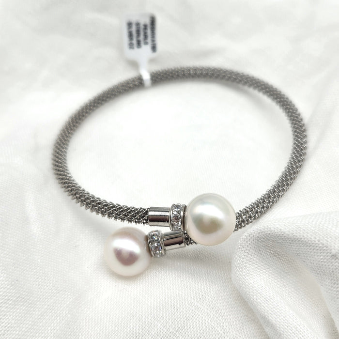 4mm STERLING SILVER MESH PEARL CUFF WRAP BANGLE