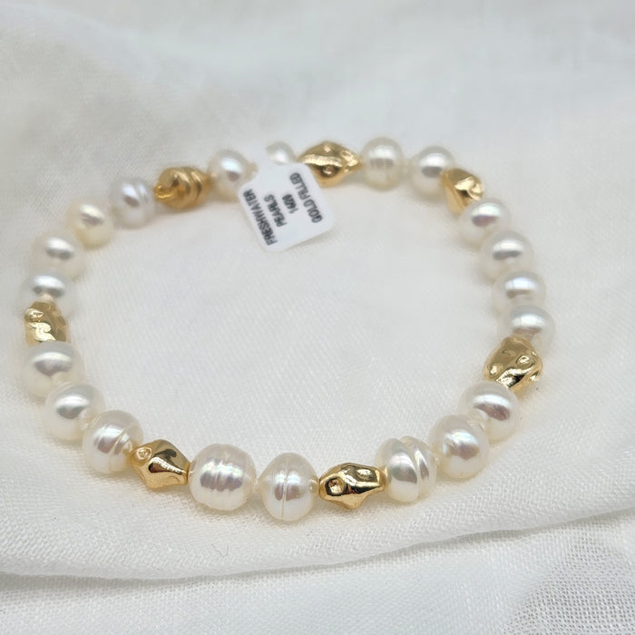 PEARL AND GOLD TONE NUGGET BRACELET