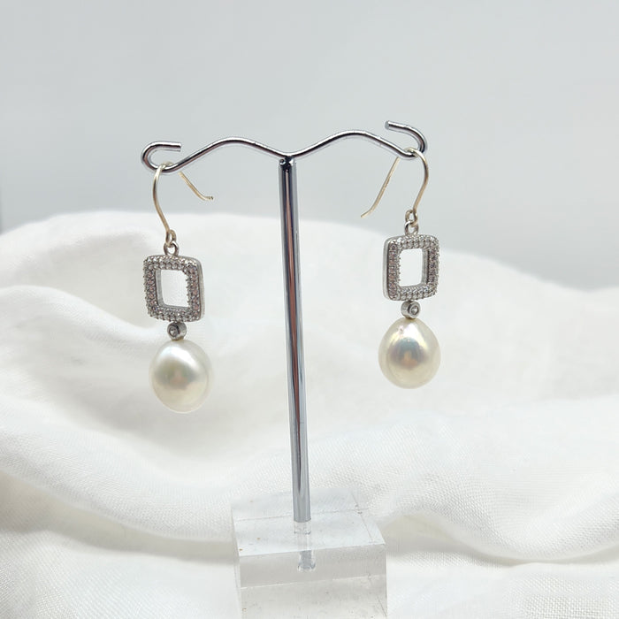 STERLING SILVER GEOMETRIC ZIRCON HOOKS, FRESHWATER PEARL EARRINGS