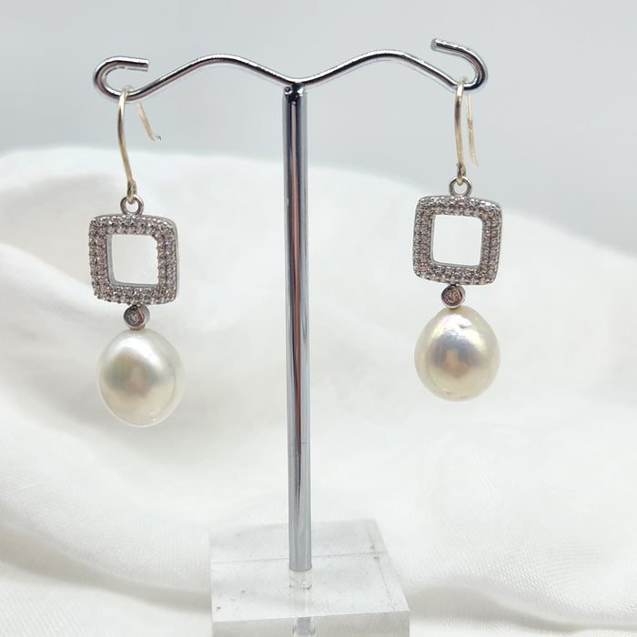STERLING SILVER GEOMETRIC ZIRCON HOOKS, FRESHWATER PEARL EARRINGS