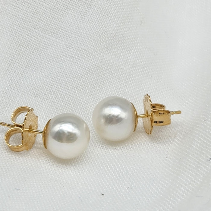 9ct YELLOW GOLD AUSTRALIAN SOUTH SEA PEARLS, 9mm CLASSIC STUD EARRINGS
