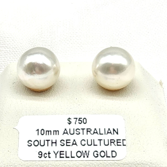 9ct YELLOW GOLD AUSTRALIAN SOUTH SEA PEARLS, 10mm CLASSIC STUD EARRINGS