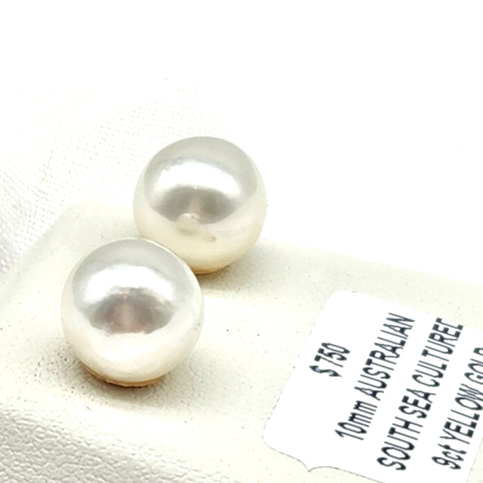 9ct YELLOW GOLD AUSTRALIAN SOUTH SEA PEARLS, 10mm CLASSIC STUD EARRINGS