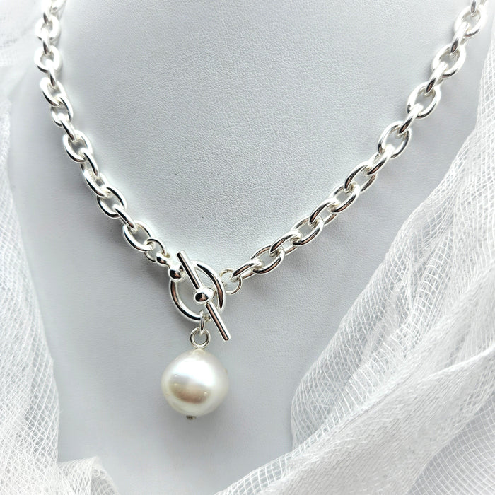 AUSTRALIAN SOUTH SEA PEARL HEAVY STERLING SILVER SHACKLE NECKLACE